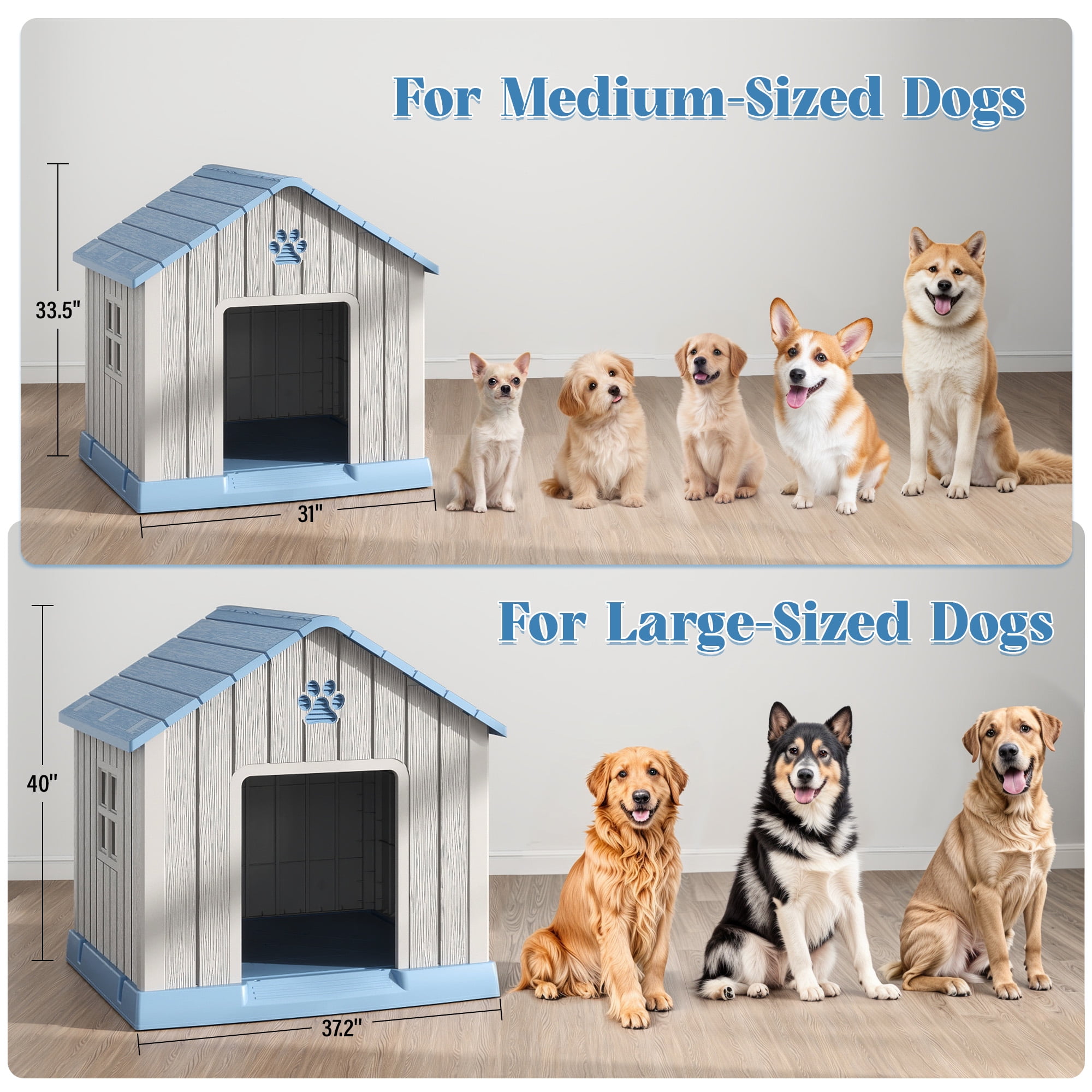 Nihsuao Dog House, Weatherproof Resin Dog House for Small Medium Dogs with Air Vents & Windows, Elevated Floor, Pet Shelter for Indoor & Outdoor, Blue ,31" L x 33.3" W x 33.5" H