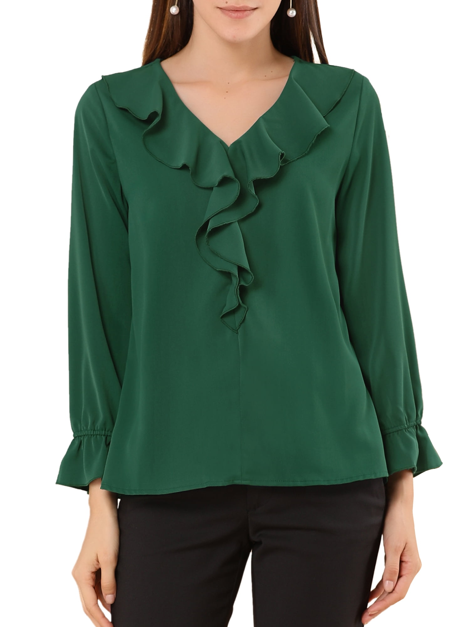 DARING DIVA Women's Ruffle V Neck Chiffon Peasant Blouse XL Green