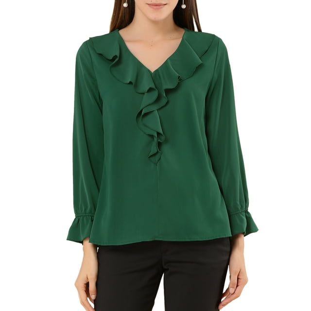 INSPIRE CHIC Blouse à Volants pour Femme, Élégante, Col en V, Manches Longues, Haut Habillé pour le Travail, TP, Vert