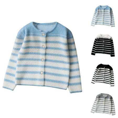 Jinhomg Toddler Kids Fall Sweater 2025 Trendy Striped Print Button V-Neck Cardigans Boys Girls Comfy Long Sleeve Fall Sweaters Spring Saving Light Blue 7 Years