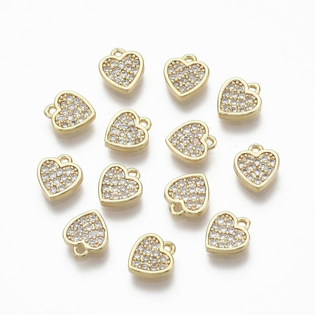 Brass Micro Pave Clear Cubic Zirconia Charms Nickel Free Heart Real 18K Gold Plated 7.5x7x1.5mm Hole: 0.9mm