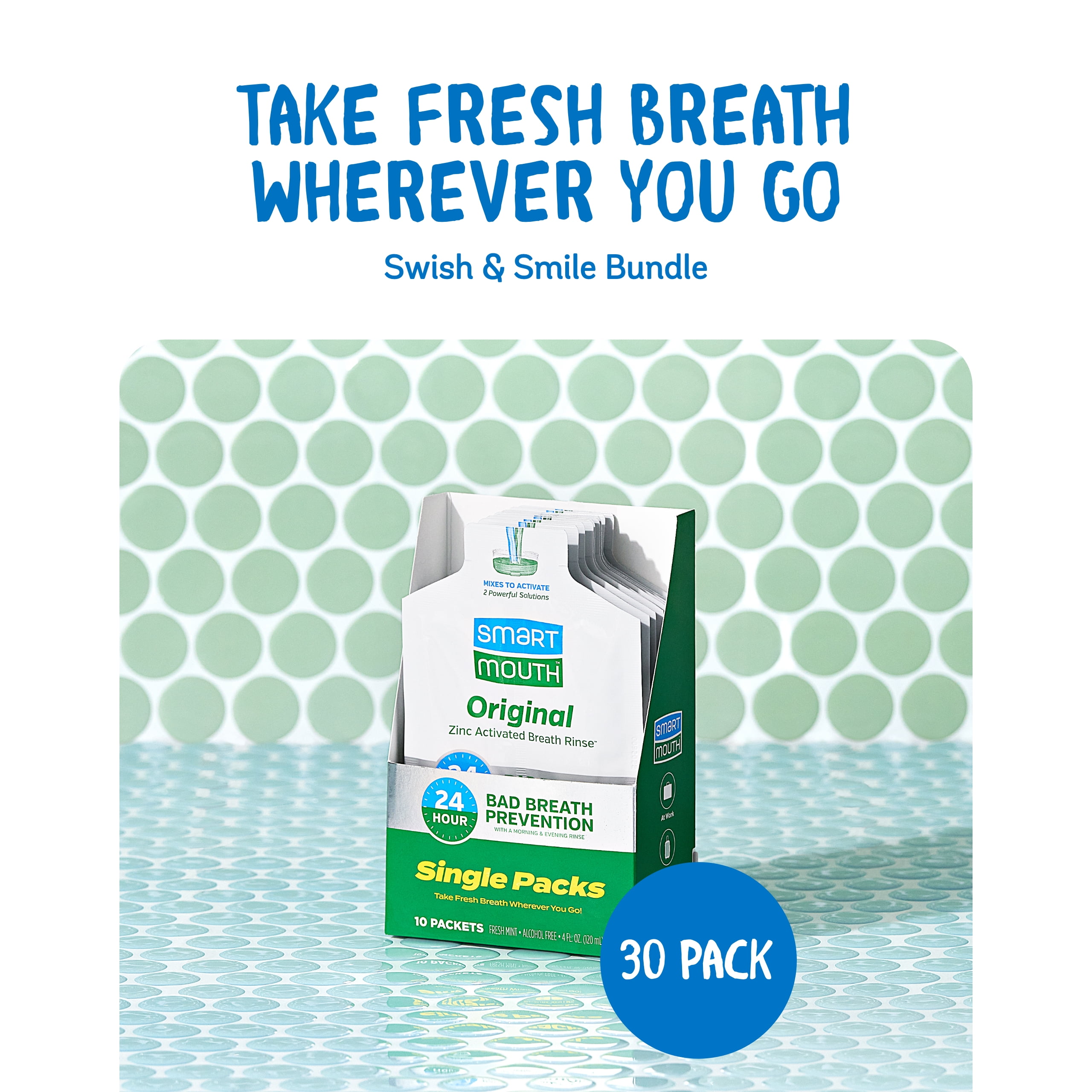SmartMouth Original Activated Mouthwash Single Packs, Travel Mouthwash, Fresh Mint, 30 Pack