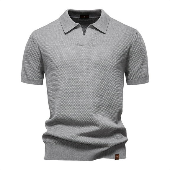 SGFCWSX Mens Polo Shirts Slim Fit Short Sleeve V-Neck Textured Knit Casual Golf Shirts for Men Gray Size S