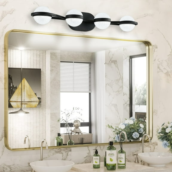 Noaman 30" Black Minimalist LED Bathroom Vanity Light with Crystal Sand Acrylic Shades, 4-Light Wall Mounted Fixture for Mirror, Modern & Energy-Efficient Lighting