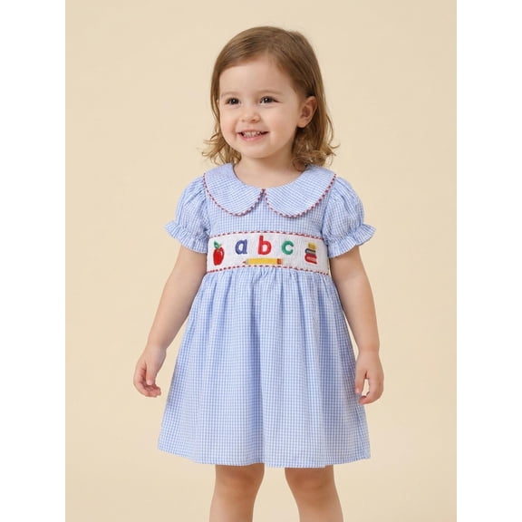 Toddler Girls Dress Letter Apple Embroidery Plaid Doll Collar Short Sleeve Casual Dress Kids Summer Dress