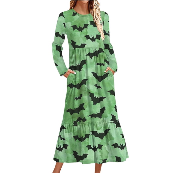 WFJCJPAF 2025 New Halloween Halloween Dresses for Women Plus Size 26 Summer,Ladies'and Winter Fashionable Round Neck Long Sleeved Halloween Printed Dress - Green L