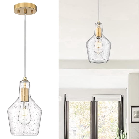 Emliviar Modern Brushed Gold Pendant Light Fixture, 1-Light Hanging Kitchen Lighting with Seeded Glass, DYE286G2-MIL BG