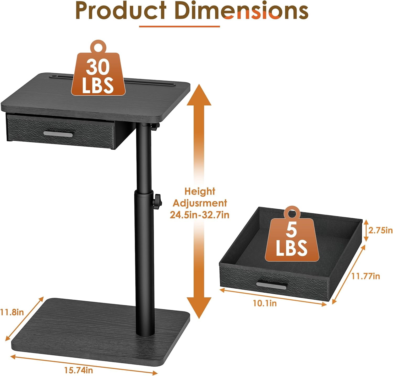 TV Tray Table with Swivel Top, Drawer, and Height Adjustment for Eating, Working, or as a Sofa Desk in Living Room or Bedroom
