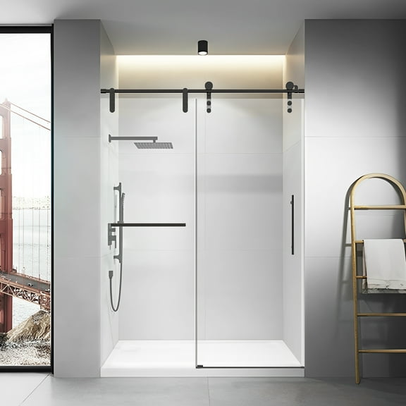 50-54" W * 76" H Frameless Single Sliding Shower Doors, Bathroom Sliding Shower Door With Towel Rail And Auxiliary Handle, 5/16" (8mm) Thick SGCC Tempered Glass Door
