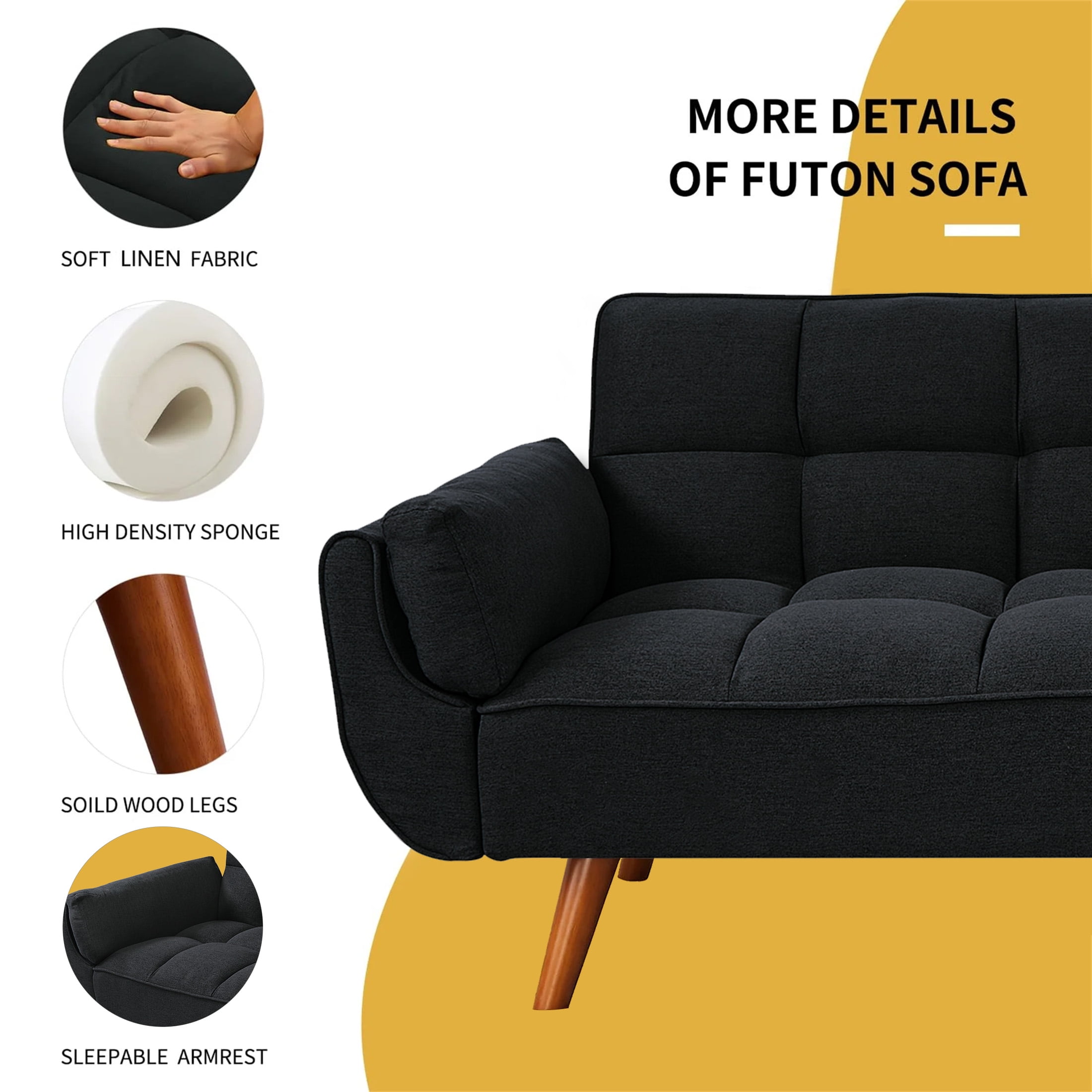 Aukfa 75" Flared Arm Futon Convertible Sofa Bed, Linen Sleeper Couch for Home Office, Black