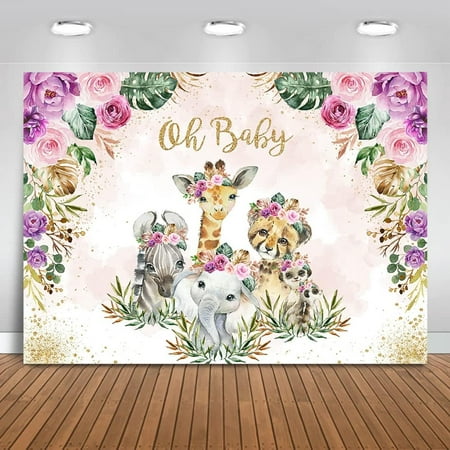 Image of Boho Jungle Animals Oh Baby Backdrop Purple Blush Floral Safari Baby Shower Background Tropical Safari Girl Baby Shower Party Decoration Banner Photo Booth Props (7x5ft)