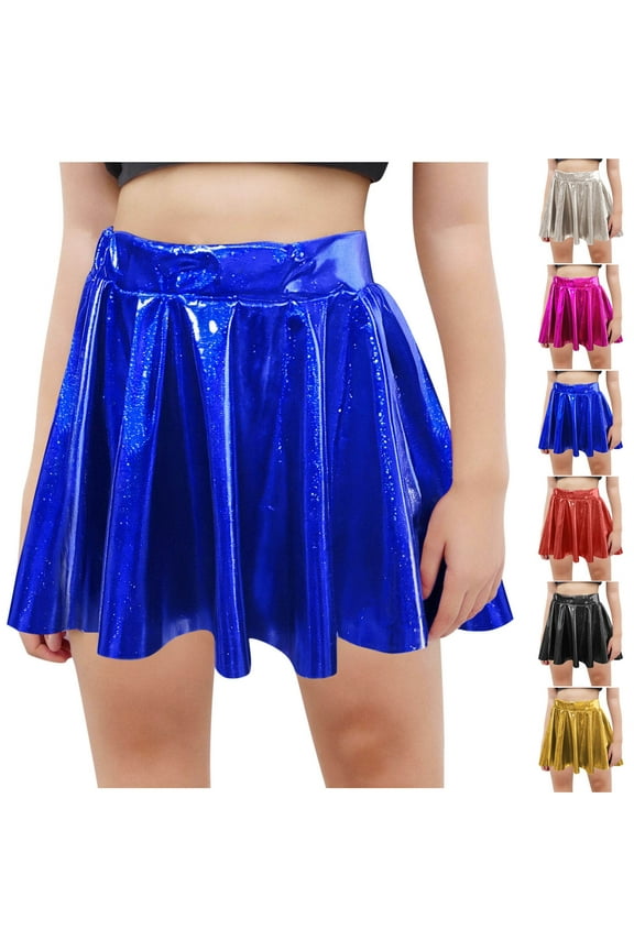 Kids Girls Sequin Pleated Skirt Solid Color Laser Shine Short Skirt Party Princess Tutu Performance Skirt Gold