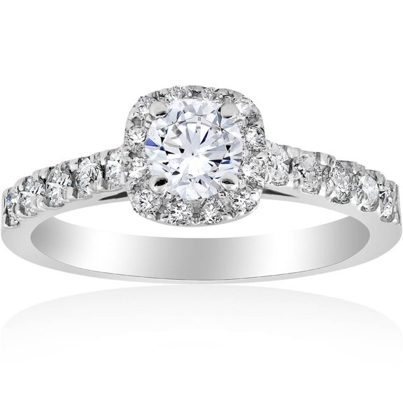 Pompeii 1ct Cushion Halo Round Cut Diamond Engagement Ring 14K White Gold (H/I,I1-I2)