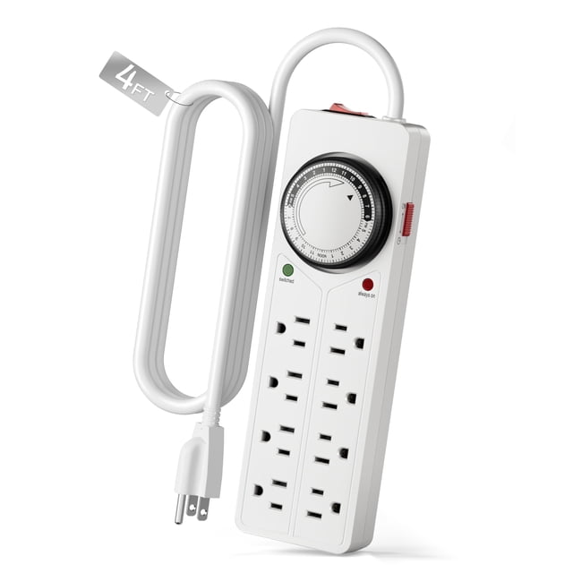 BN-LINK Protector contra Sobretensiones de 8 Tomacorrientes con Temporizador Mecánico (4 Tomacorrientes Temporizados, 4 Tomacorrientes Siempre Encendidos), Blanco