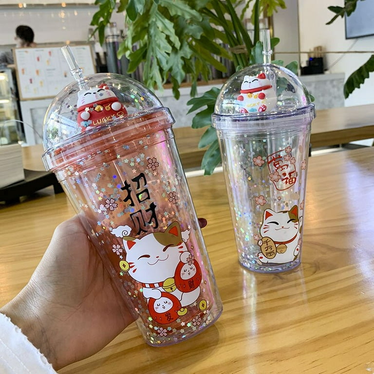 Creative Lucky Cat Water Bottle With Straw Japanese Pink Cute Ice Cup For  Kids Girls Double wall Drinking Cup for gifts 