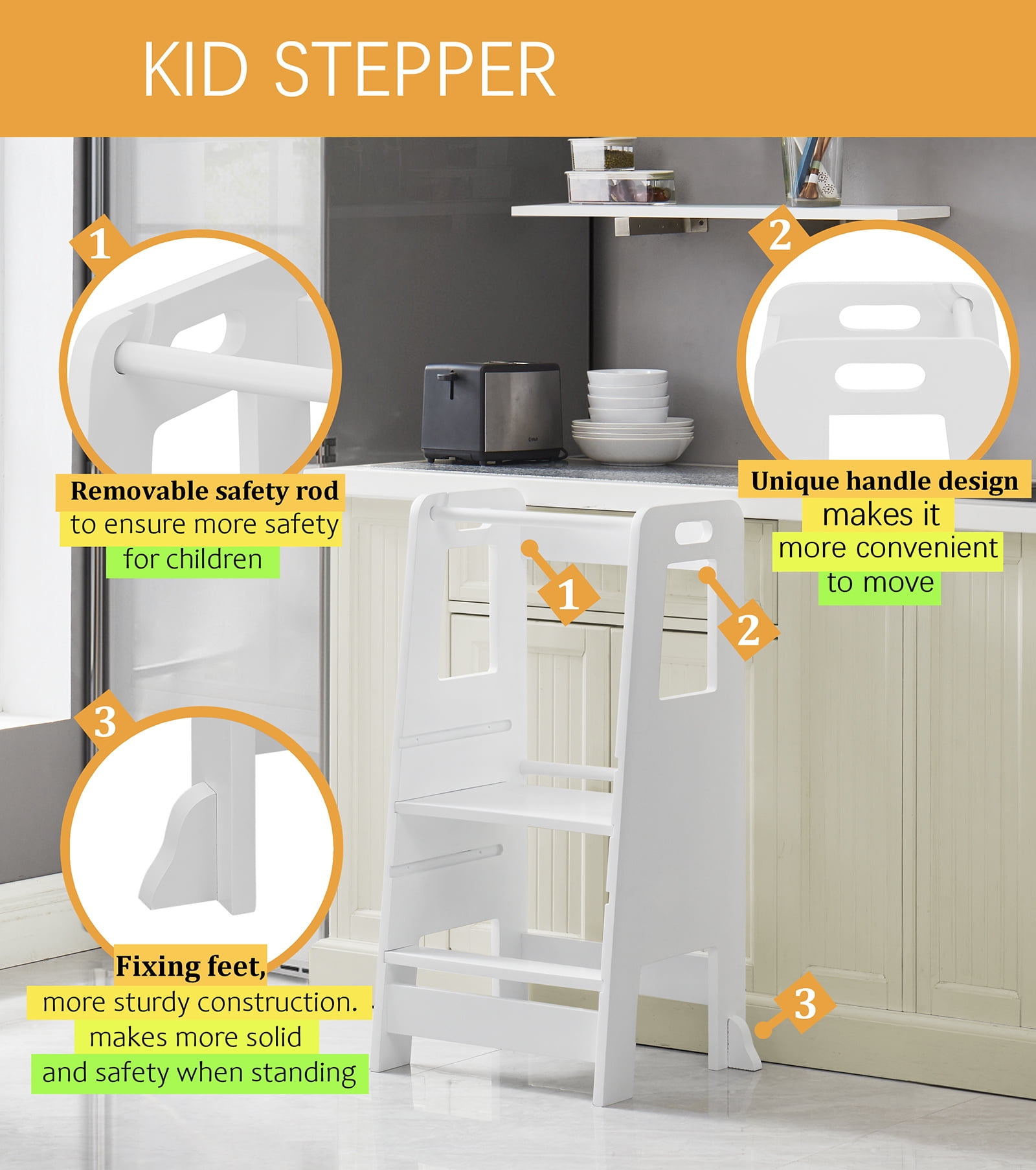 Kid's Wooden Kitchen Step Stool, Adjustable Platform Standing Tower with Safety Guardrail Child Studying Tower, Toddler Stool for Bathroom, Cooking Helper