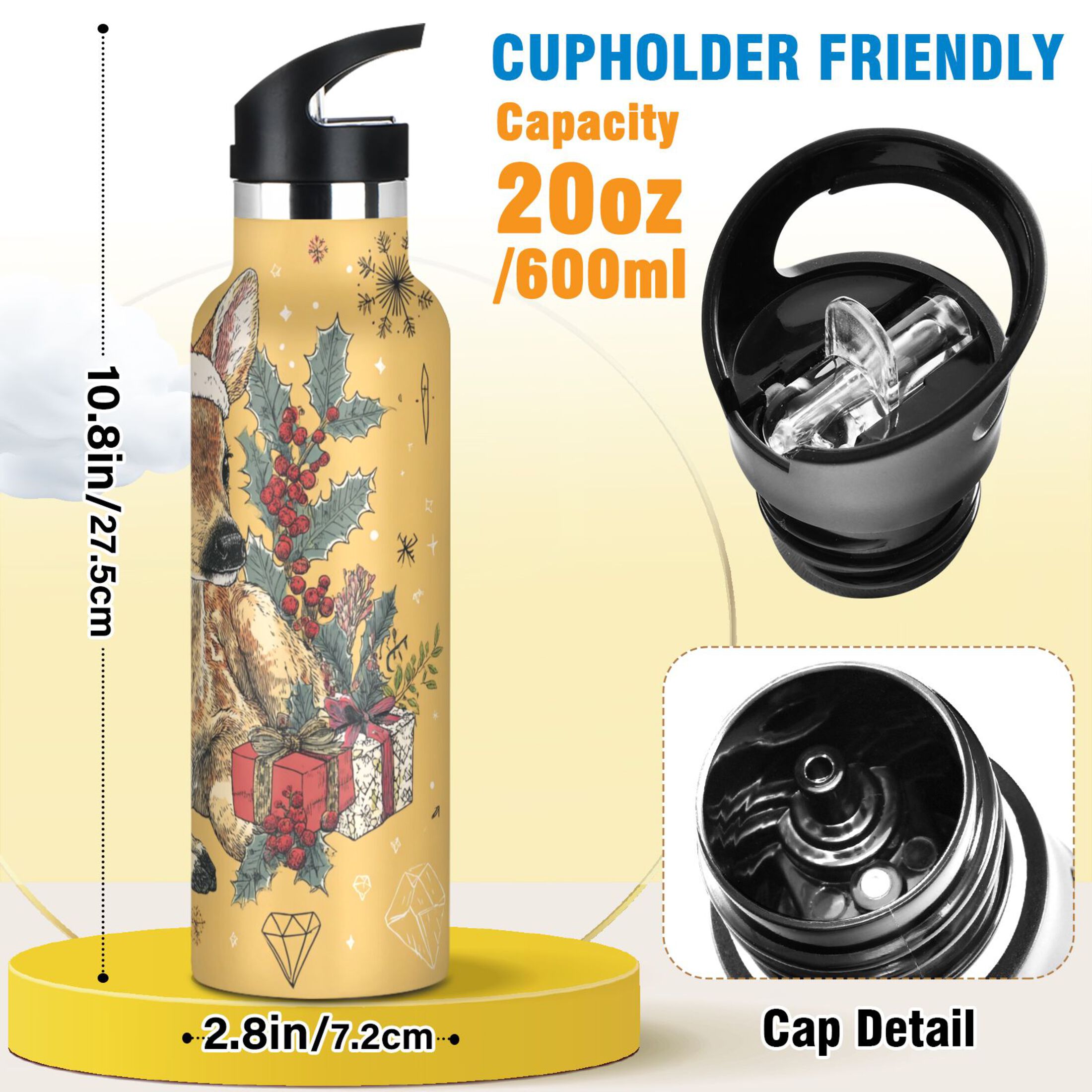 600ML Stainless Steel Insulated Cup Sports Water Bottle Portable Thermos Cup Water Glasses Insulated Tumblers Convenient and Durable Warm Christmas Cute Deer