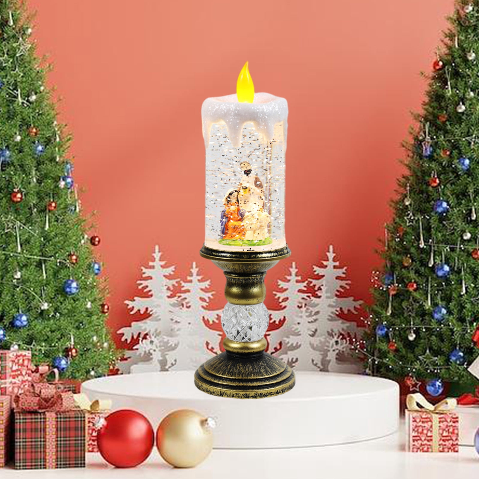 Dengmore Christmas Ornament Resin Luminous Santa Snowman Imitation Candle Light with Music Box LED Flameless Flickering Candle Lights Retro Night Light for Living Bedroom Xmas Decor