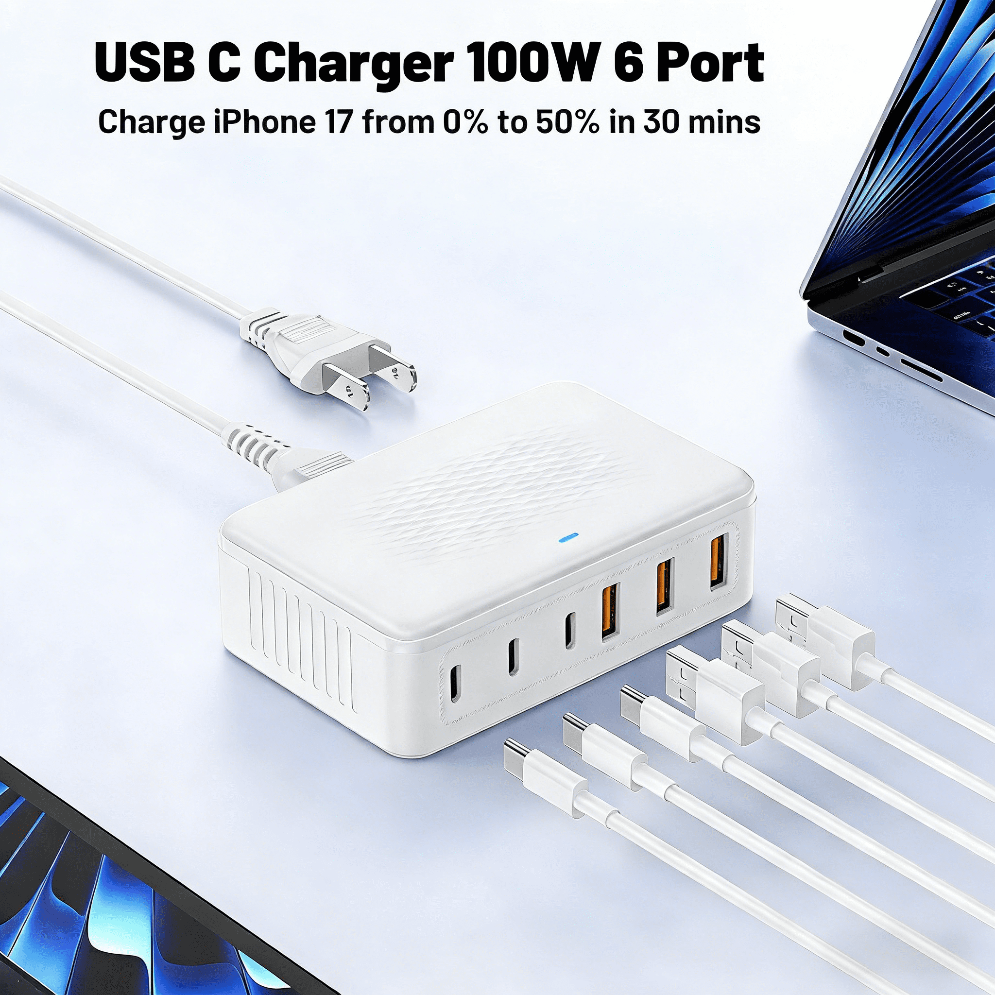 100W USB C Charger Block, 6 Port Type USB C Charging Station USB Hub Block Cube,USB C Wall Charger Power Strip Adapter Plug for iPad iPhone 17 16 15 14 13 12 Pro Max Pixel Note Galaxy, 5ft Cord