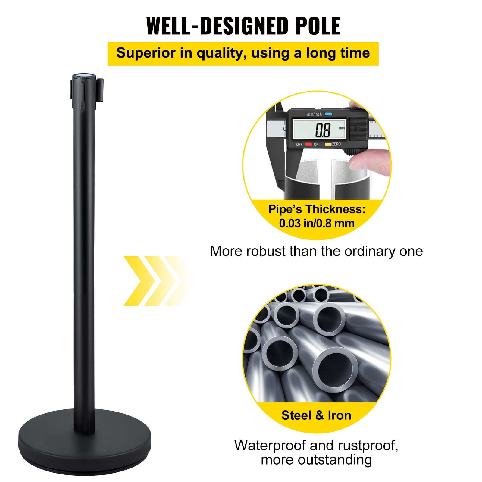 KFFKFF Queue Management Posts, 4 Units in a Set, Complete with 6.6 ft/2 m Retractable Black Belt, Black Public Management Barrier with Concrete and Metal Foundation - Simple Connection Setup