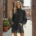 thumbnail image 7 of Women's Dress Long Sleeve High Neck Loose Fit Solid Color Suede with Pockets and Tassel Detail Midi Dress for Spring Fall,Dark Gray,S, 7 of 7