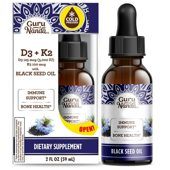 GuruNanda Cold Pressed Black Seed Oil Liquid Dietary Supplement with Vitamin D3 & K2-Supports Immune & Bone Health - 2 fl oz