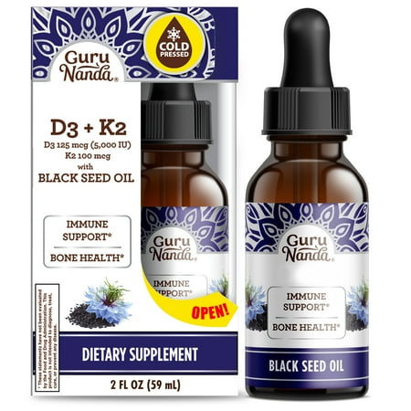 GuruNanda Cold Pressed Black Seed Oil with Vitamin D3, E & K2 - for Skin, Bone & Immune Health - 2 fl oz