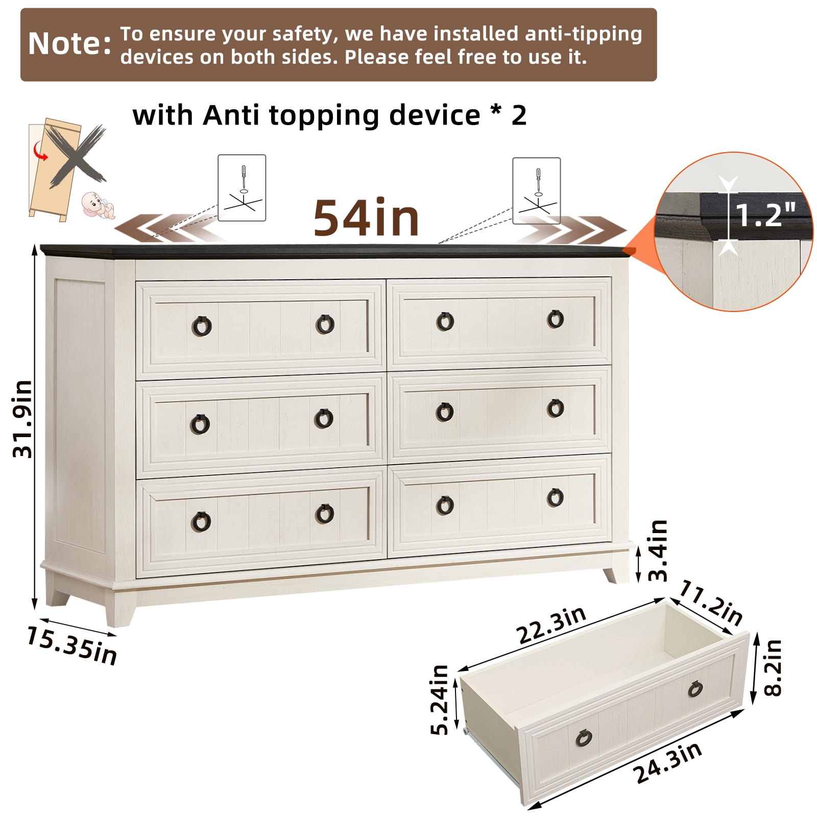 Joaxswe Dresser for Bedroom, Wide Dresser with 6 Drawers and Antique Handles, Chest of Drawers for Living Room, Entryway and Hallway, White