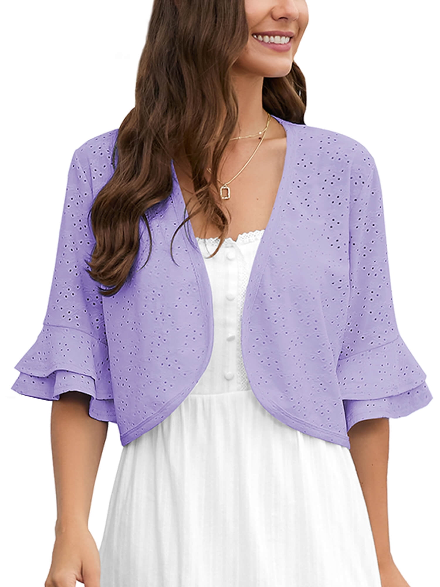Chiclily Women Summer Cardigan 3/4 Shrugs Double Ruffled Hollow Out ...