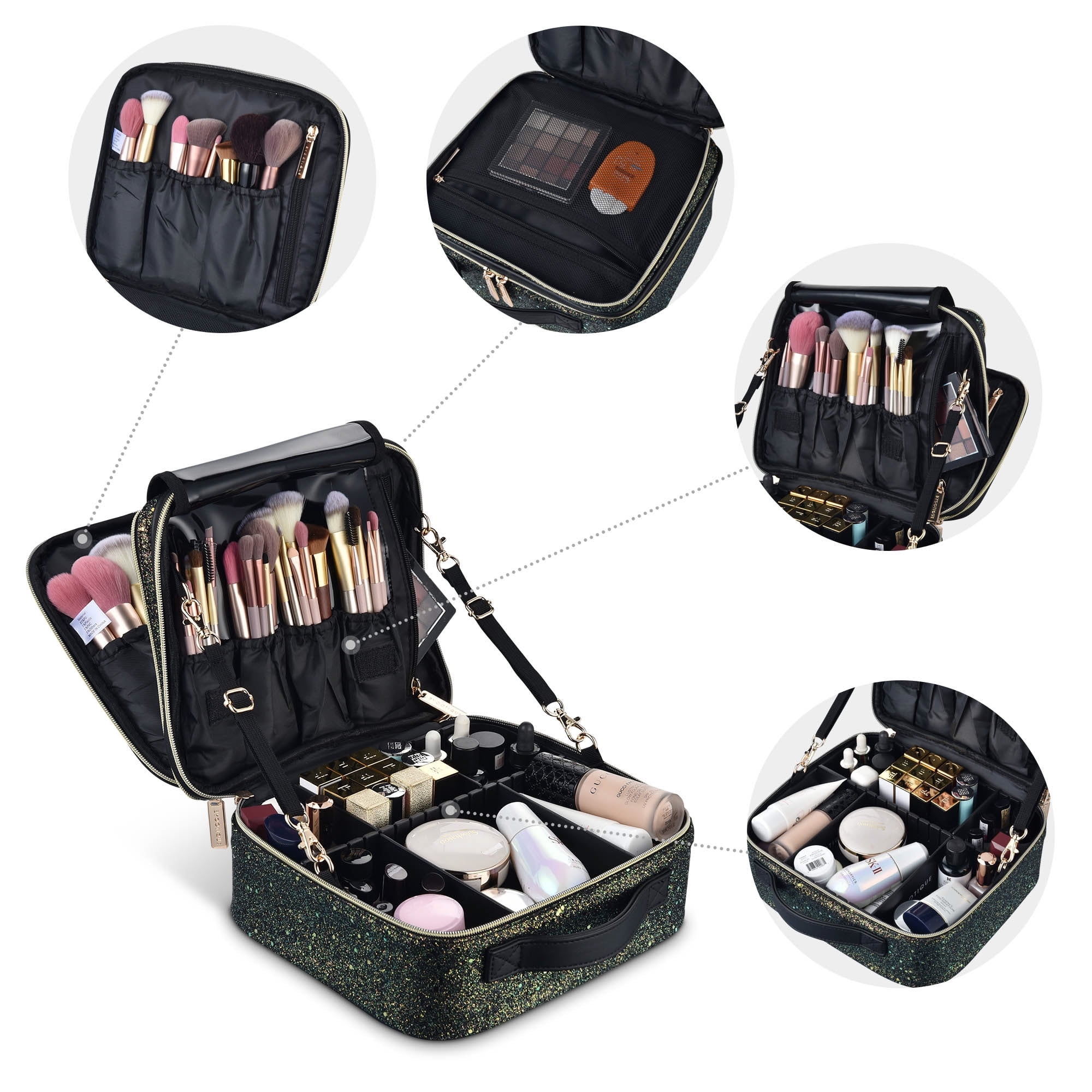 Byootique Portable Glitter Makeup Train Case Brush Holder Travel