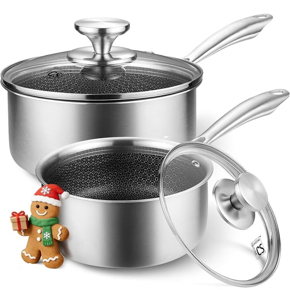 Koch Systeme CS 1&2QT Tri-Ply Stainless Steel Saucepan, 4-Piece Nonstick Hybrid Saucepan Set, Dishwasher & Oven Safe, Induction Compatible