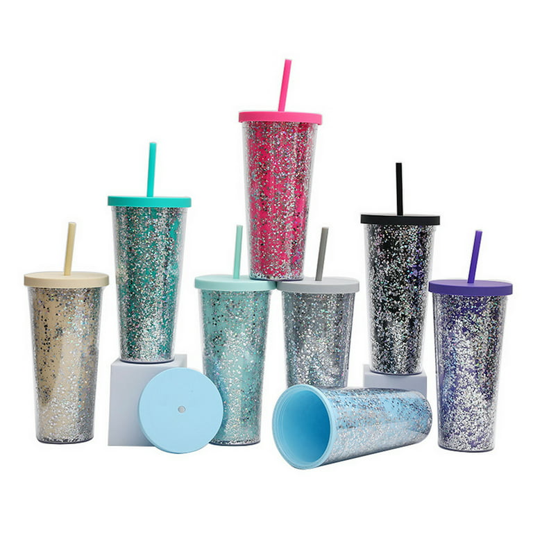 Double Walled Glitter 24oz Tumbler Reusable, Leak-Proof, Travel, Clear  Plastic, Slim, Iced Coffee Cup with Silicone Seal, Screw-On-Lid, and Straw