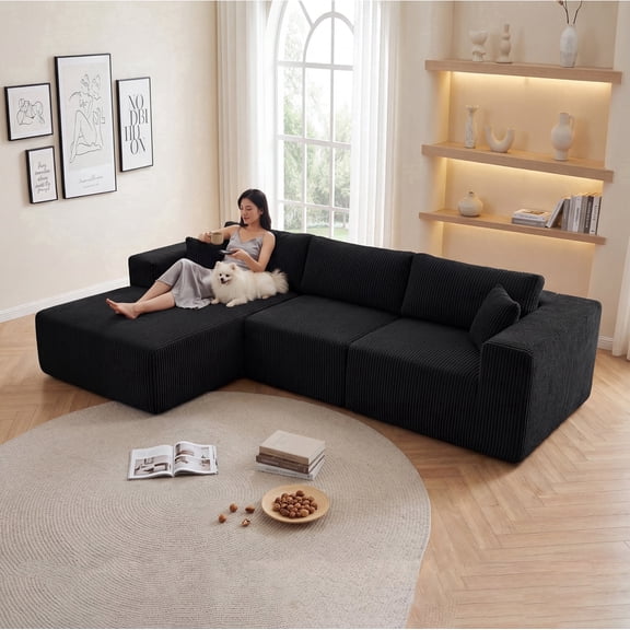 Cloud Modular Sectional Sofa with Chaise, Deep Seat L-Shaped Corduroy Couch for Living Room, Soft Oversized Modern Sofa, No Assembly, Black