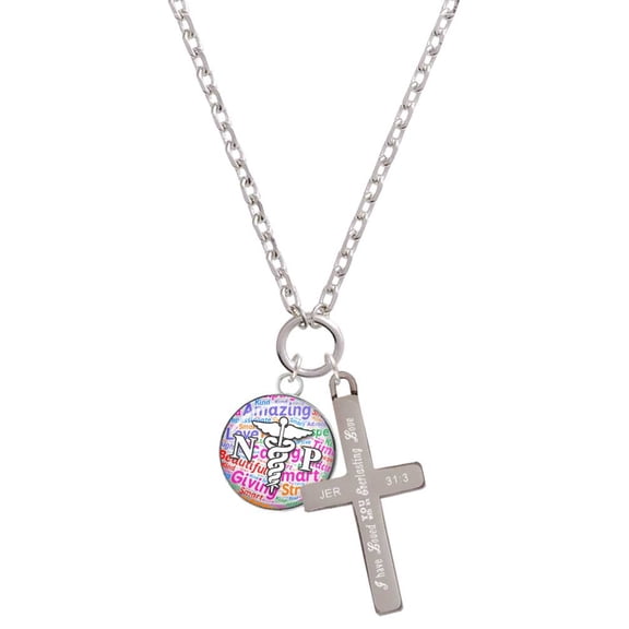 Delight Jewelry Silvertone Domed Multi Color NP Everlasting Love Engraved Cross Zoey Necklace, 28"