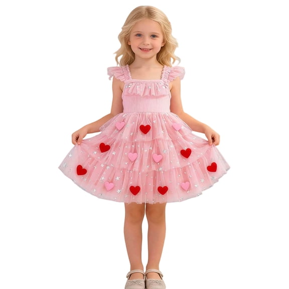 JCCXIN Child Toddler Girls Dress Crew Neck Tulle Ball Gown Party Birthday Heart Print Performance Fly Sleeve Adorable Beach Dresses,Red,12-18 Months