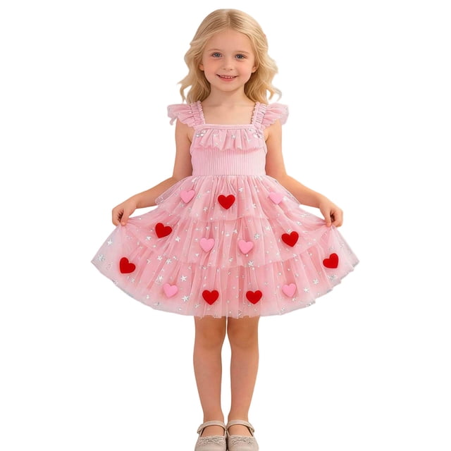 DuoJiaJ Girls Party Birthday Dress With Heart Print Skirt For Performance And Size 3-4 Years