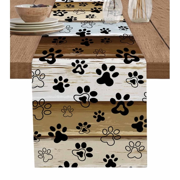 Brown Dog Paw Print Table Runner 72 Inches, Vintage Farmhouse Wooden Grain Bed Runner Dresser Scarves Tabletop for Indoor Outdoor Parties/Ceremony/Banquet, 18" x 72"