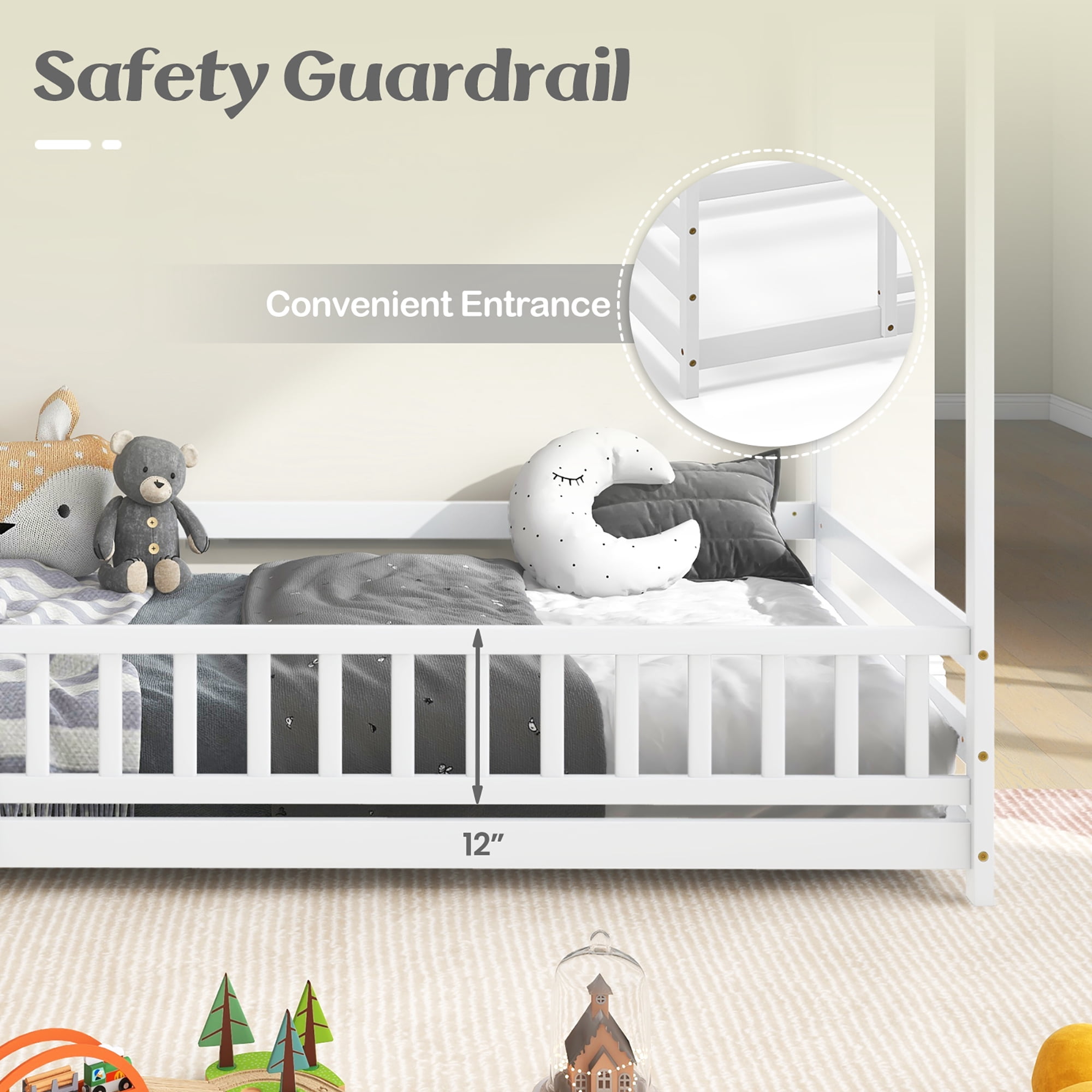 Gymax Twin Size House Bed w/ Roof & Full-length Safety Guardrail Playhouse Bed Frame White
