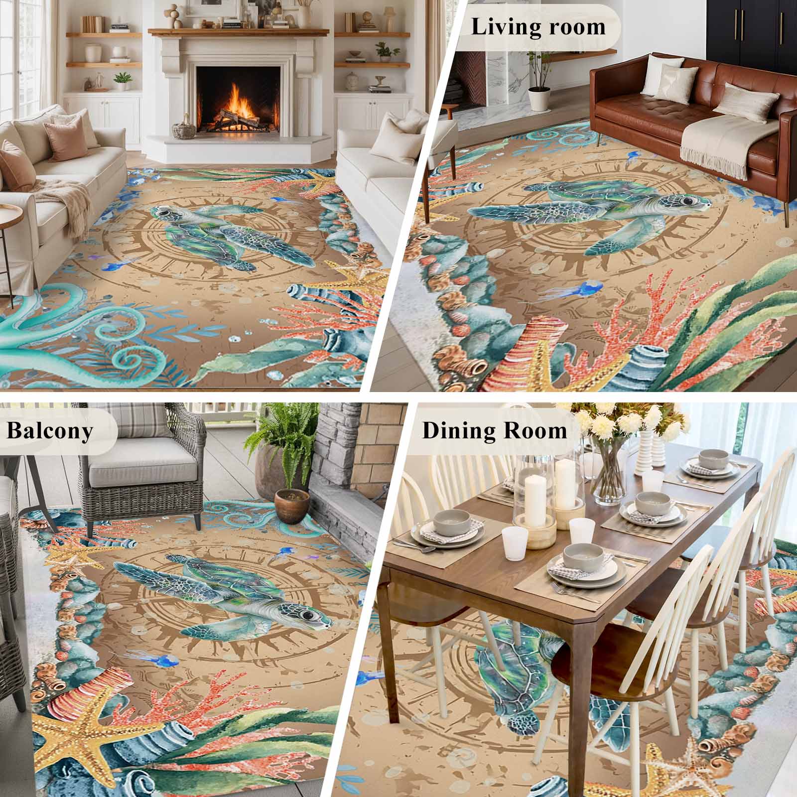 5'x7' Area Rugs for Living Room Bedroom, Sea Turtle Coastal Washable Rug Carpet Runner Indoor Outdoor, Summer Nautical Starfish Coral Brown Anchor Non Slip Floor Mats Area Rug for Kitchen, Nursery