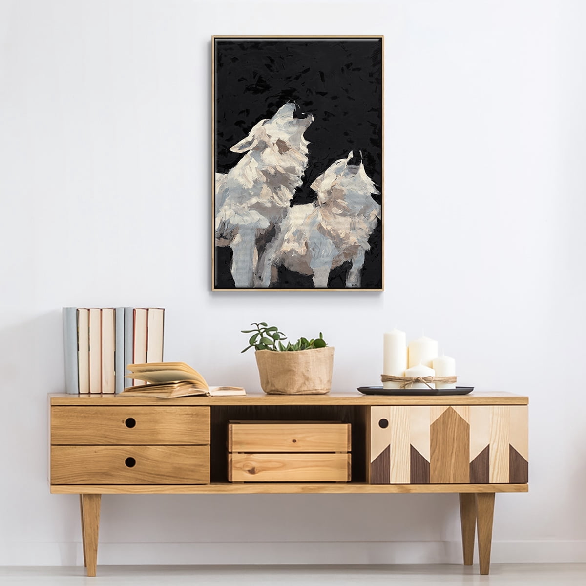 Midnight Wolves Framed Premium Gallery Wrapped Canvas - Ready to Hang - 17 x 25 - Natural Wood Floating Frame