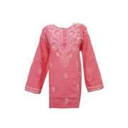 Mogul  Womans Pink Cotton Blouse Kurti Lucknowi Embroidered Indian Tunic Top
