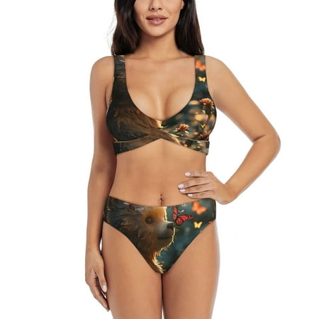 Zeuib Sunshine Butterfly Flower Bear High Waisted Tummy Control Bikini Set - Knot Front Push Up Top & Cheeky Thong Bottom  Two-Piece Swimsuit for Women-Large