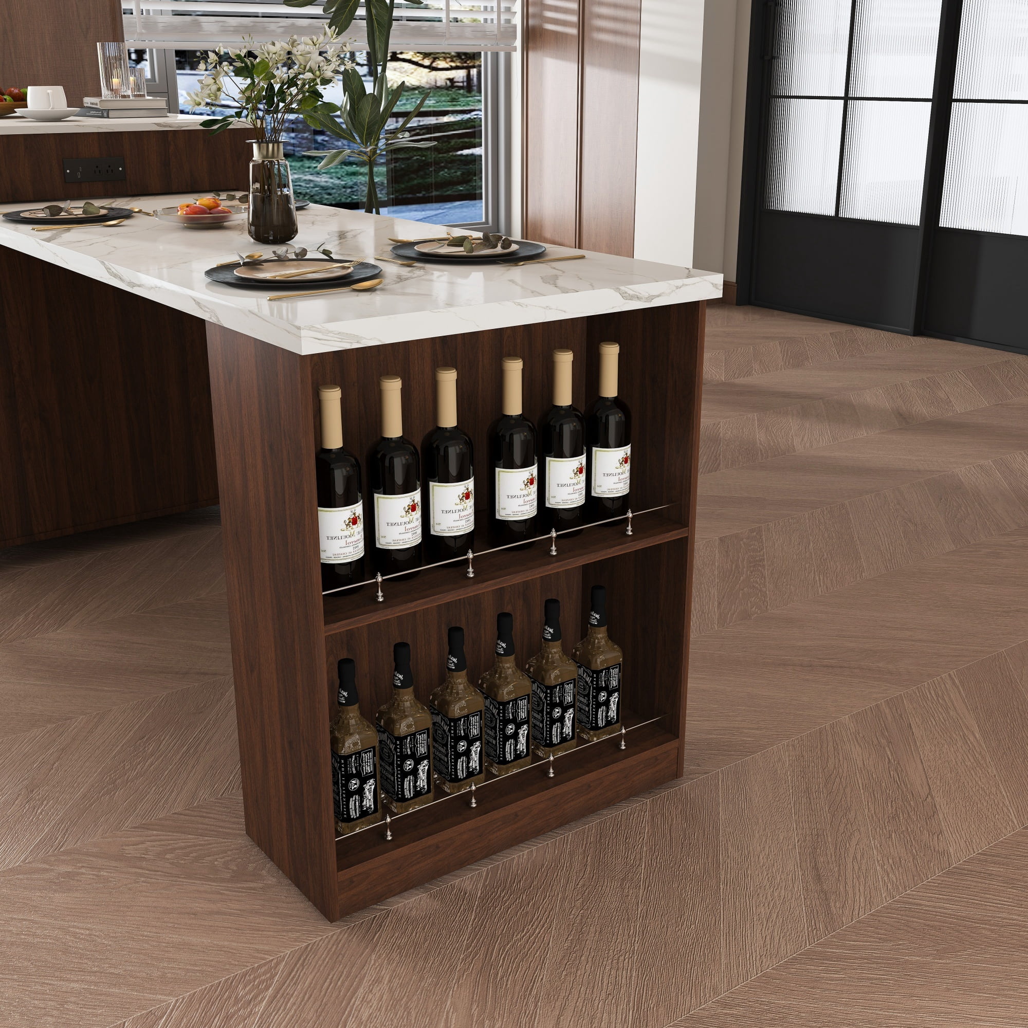 Wohh 80 Inch Extendable Kitchen Island with Marble-patterned Top & Dining Table, Expandable Rolling Cart with Power Outlet, Mobile Storage Cabinet for Small Spaces