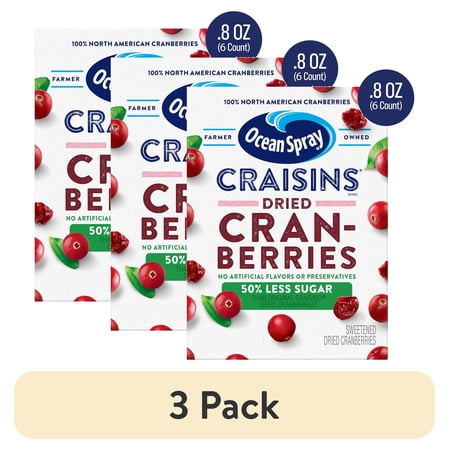 (3 pack) Ocean Spray® Craisins®, 50% Less Sugar Dried Cranberries, Dried Fruit, 8 oz Pouches, 6 Count
