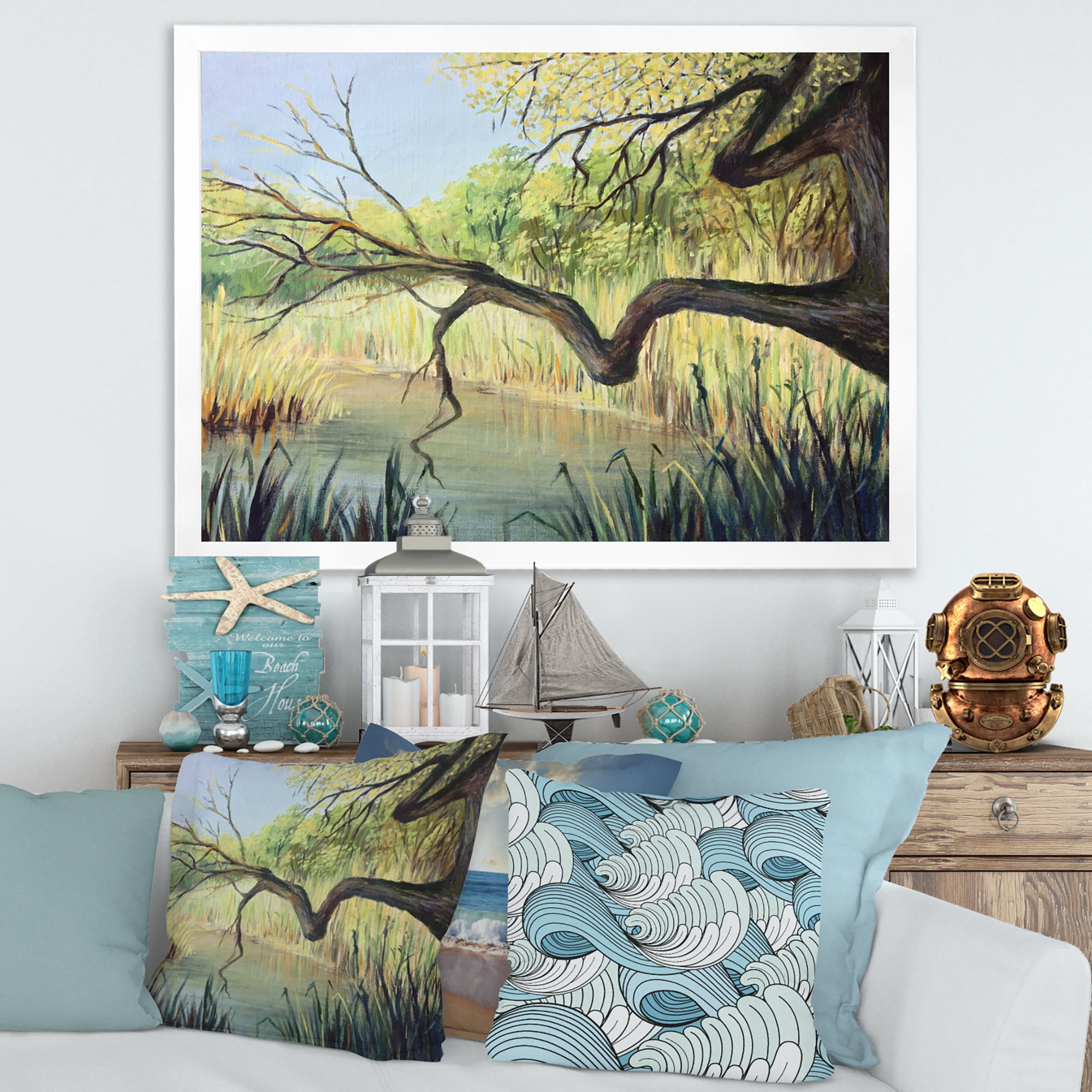 Designart 'The Lake of Silence From The Tree' Lake House Framed Art Print