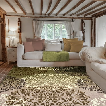 Hedena Traditional Non-Slip Geometric Floral  Indoor Washable Area Rug by Blue Nile Mills, 4' x 6', Brown