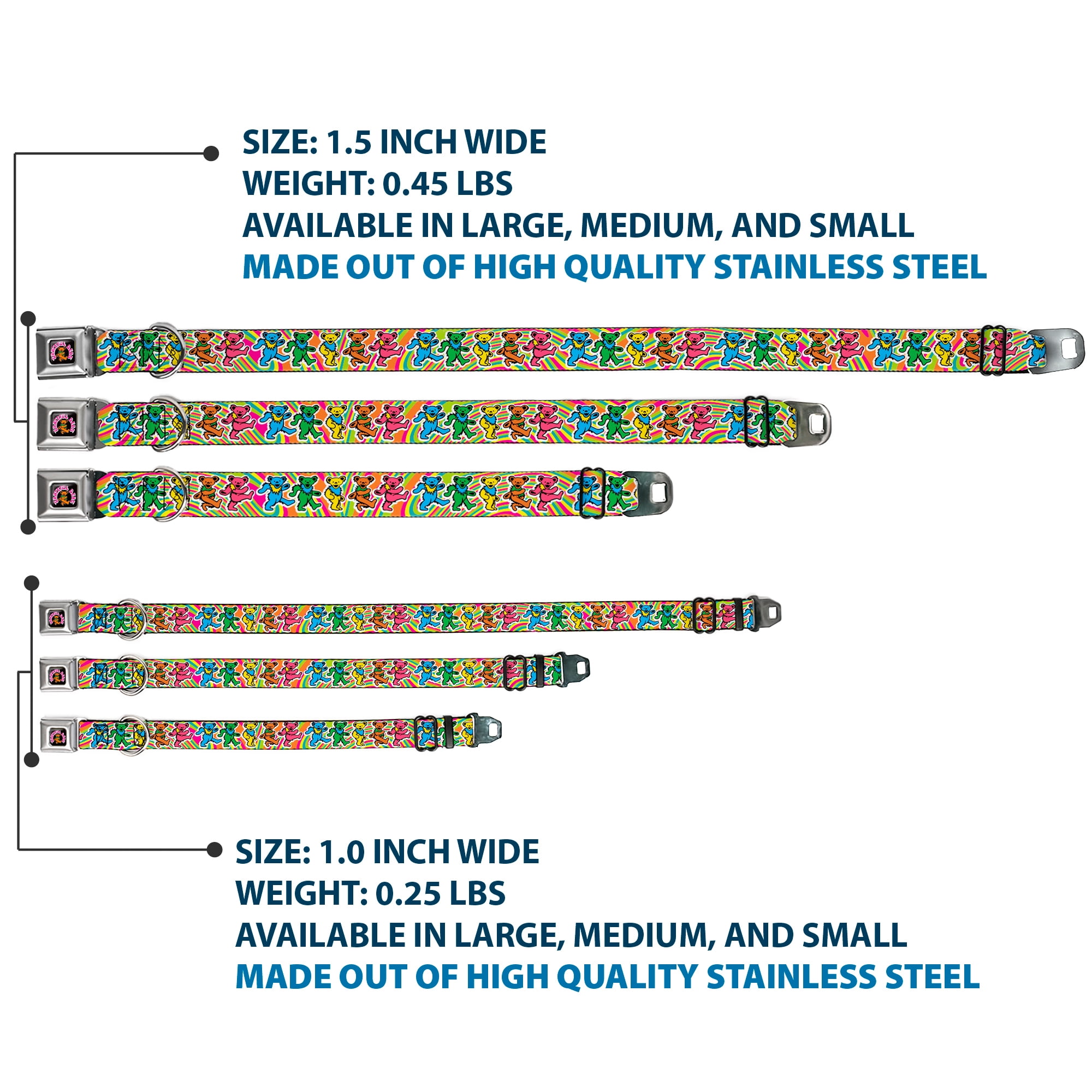 Grateful Dead Pet Collar, Dog Collar Metal Seatbelt Buckle, Grateful Dead Dancing Bears Swirl Multi Color, 15 to 24 Inches 1.0 Inch Wide