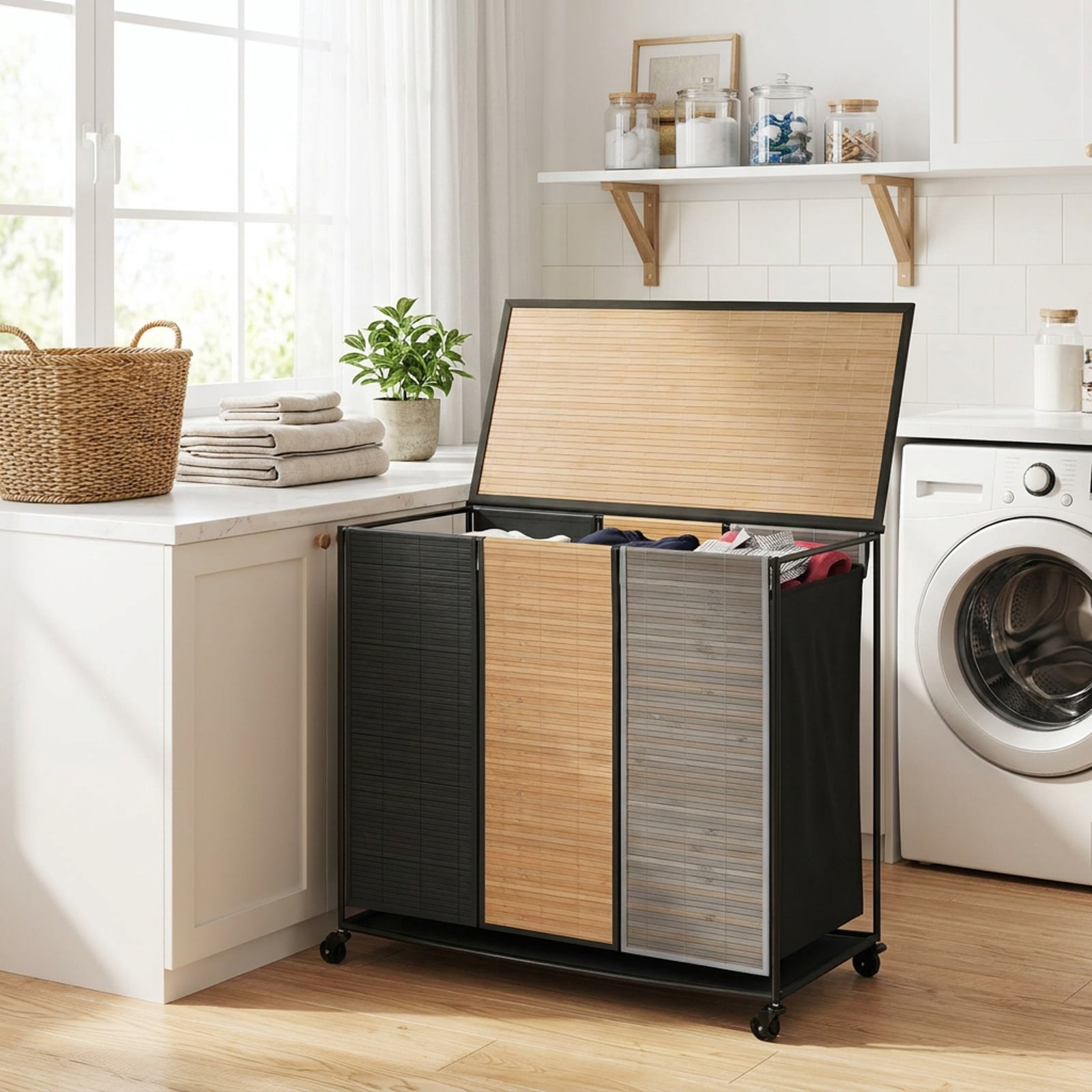 Vebreda 21.4-Gallon 3-Section Laundry Hamper with Lid & 2 Lockable Wheels, Rolling Clothes Hamper & Laundry Sorter with 3 Removable Liner Bags for Bathroom & Laundry Room