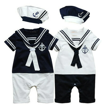 2Pcs Baby Boy Kids Costume Clothing Navy Sailor Captain Romper Jumpsuits+Hat Cotton Newborn Short Sleeve White Navy Sailor White 0-12