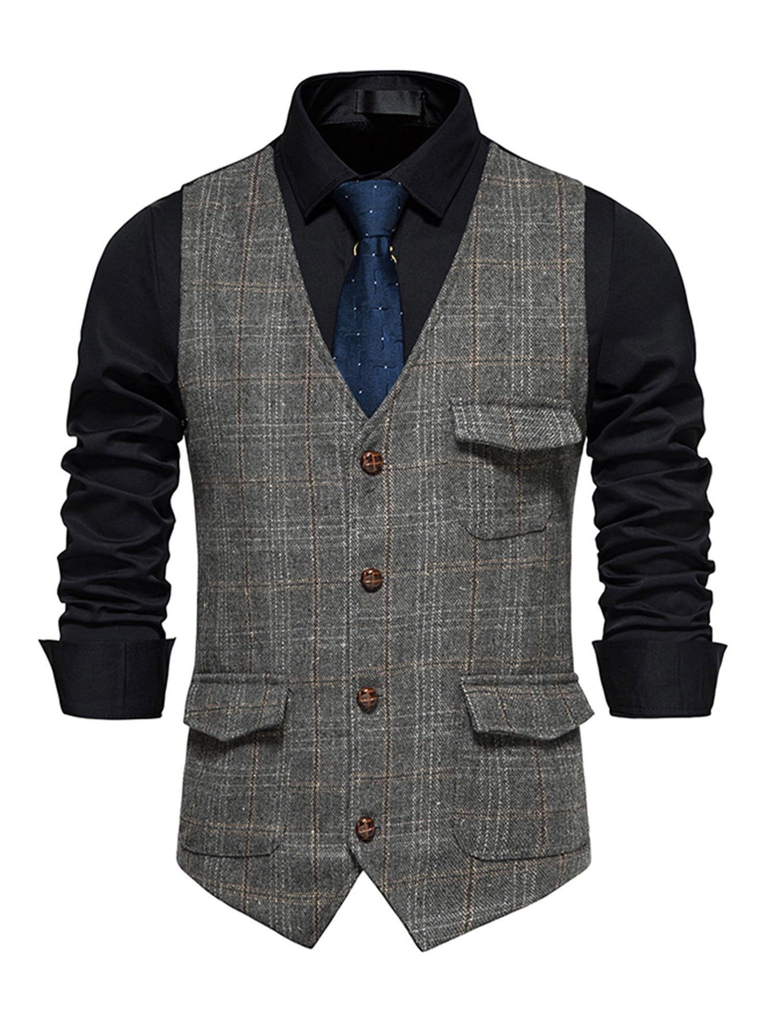 Hanerdun Men Plaid Waistcoats Male Slim fit Suit Vests Dress Vest Gray